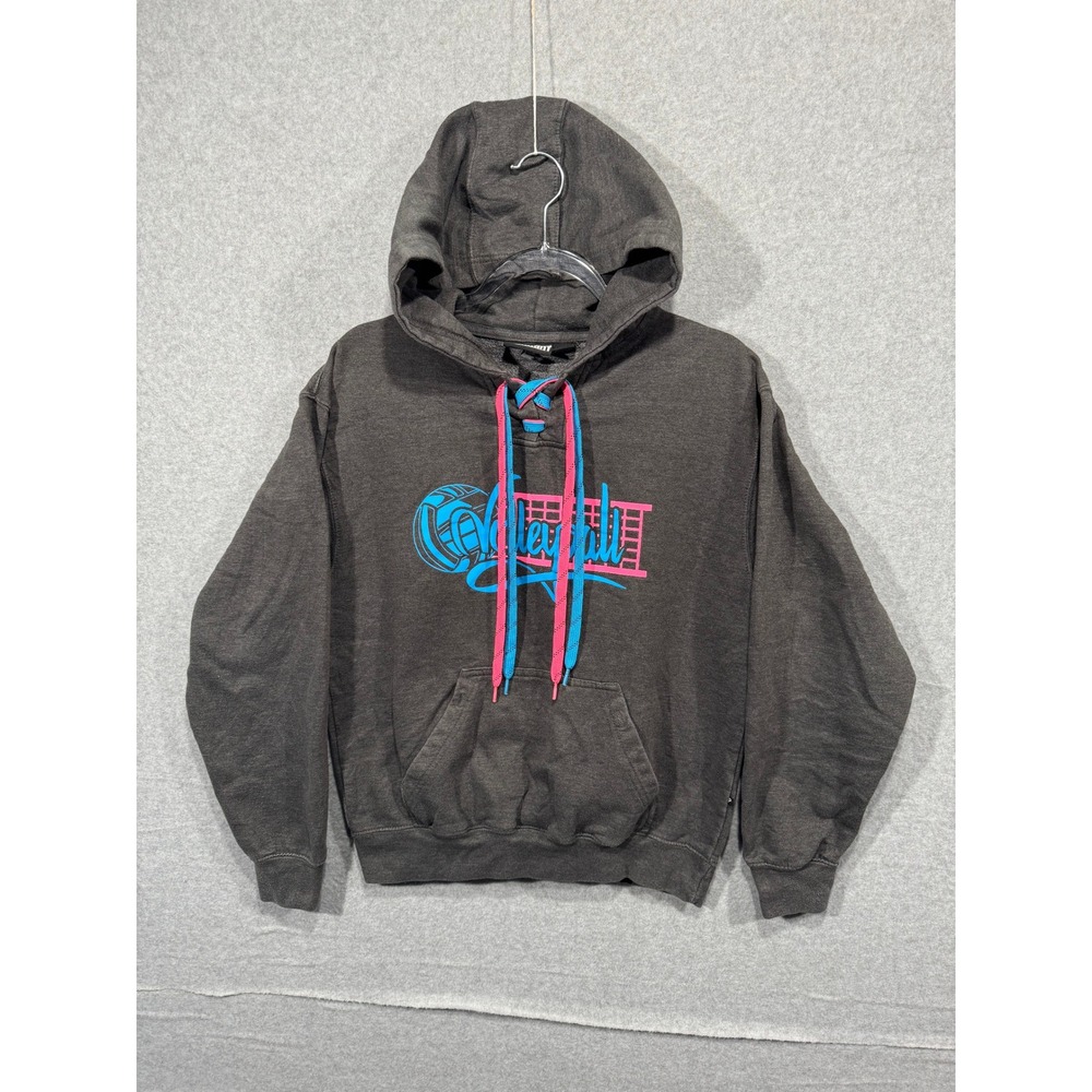 Pennant Volleyball Hoodie Pullover Sweatshirt Drawstring Gray Mens XS